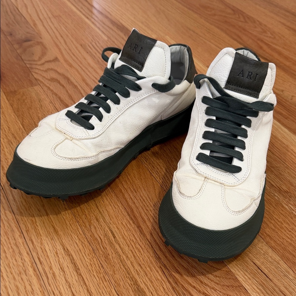 ARI White Leather Sneakers with Dark Green Soles and Laces